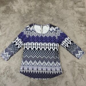 Chico's Geometric Print Top 3/4 Sleeve‎ Blouse Purple White Size 1 Career